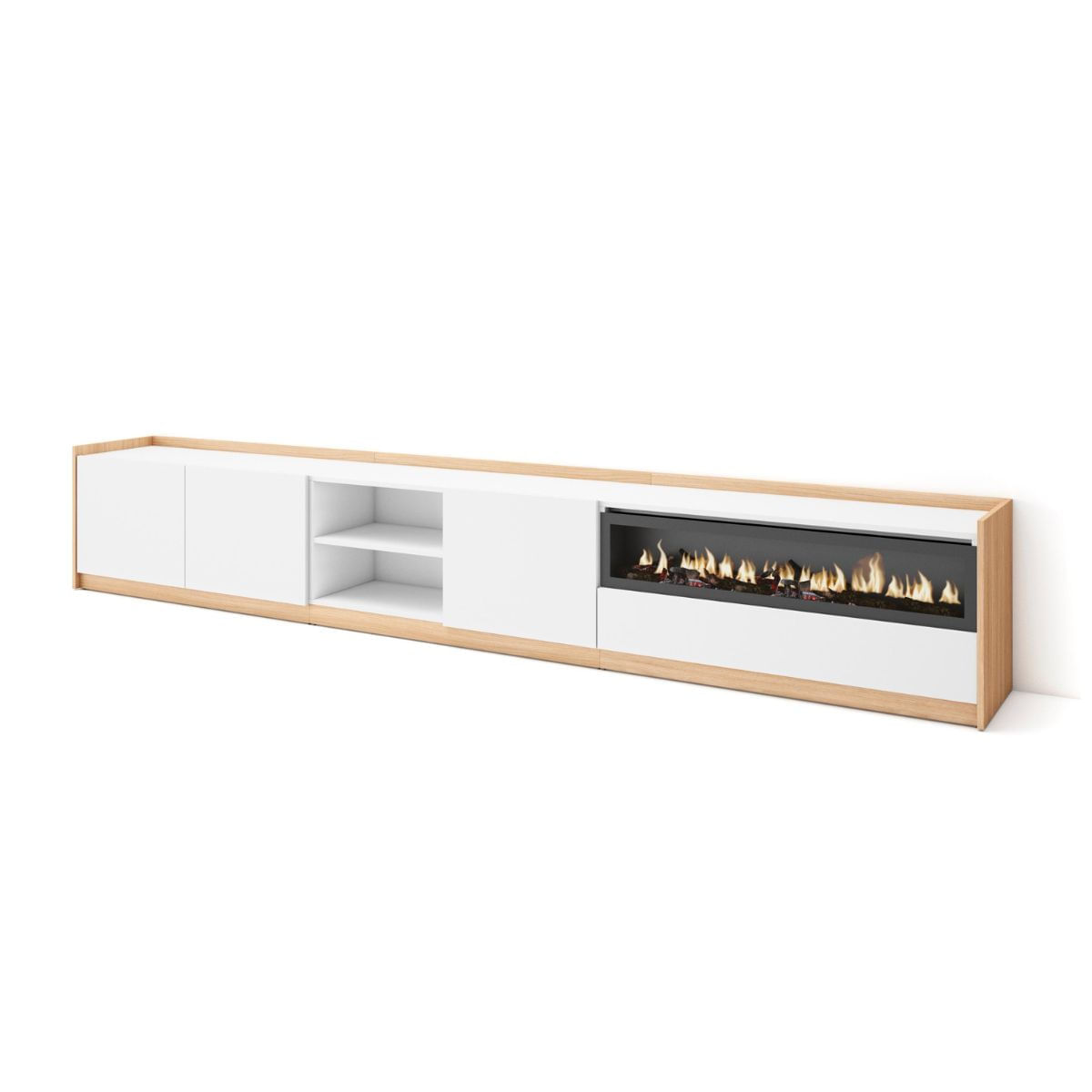 Mueble-de-TV-Kroma-4-puertas-y-dos-estantes-con-chimenea-izquierda-blanco-roble-495x309x35-cm-