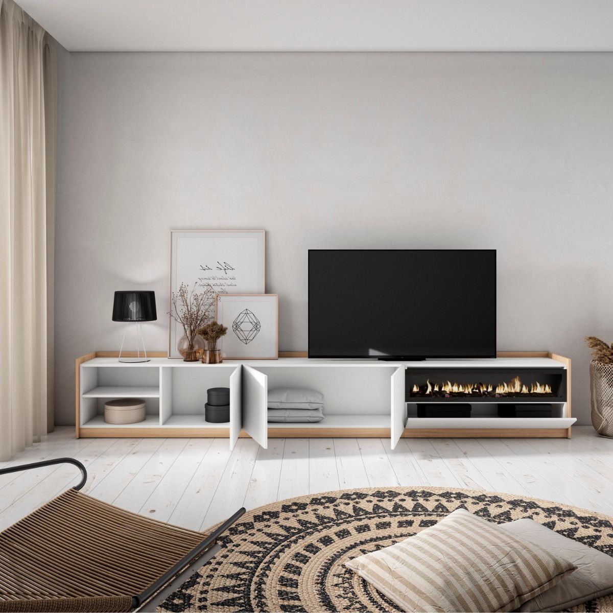 Mueble-de-TV-Kroma-4-puertas-y-dos-estantes-con-chimenea-centro-izquierda-blanco-roble-495x309x35-cm-