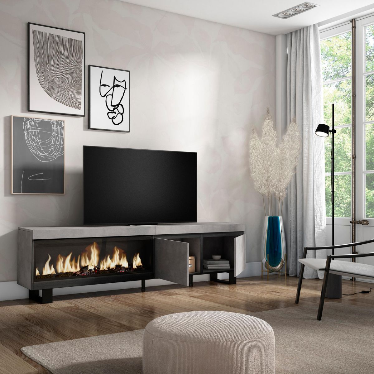 Mueble-de-TV-Kroma-2-puertas-con-chimenea-a-la-izquierda-cemento-57x208x346-cm-