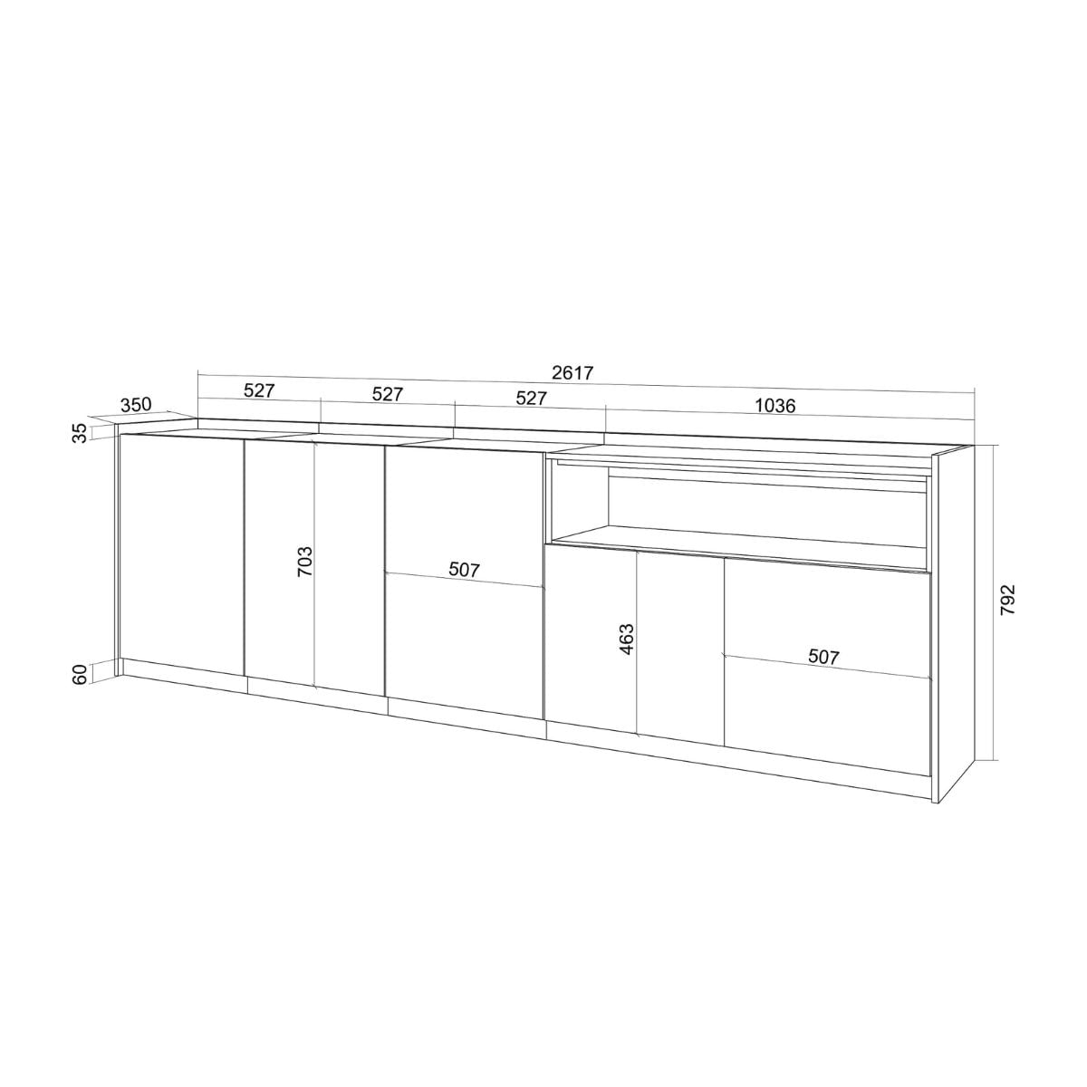 Aparador-Kroma-5-puertas-con-estante-abierto-derecha-roble-oscuro-79x262x35-cm