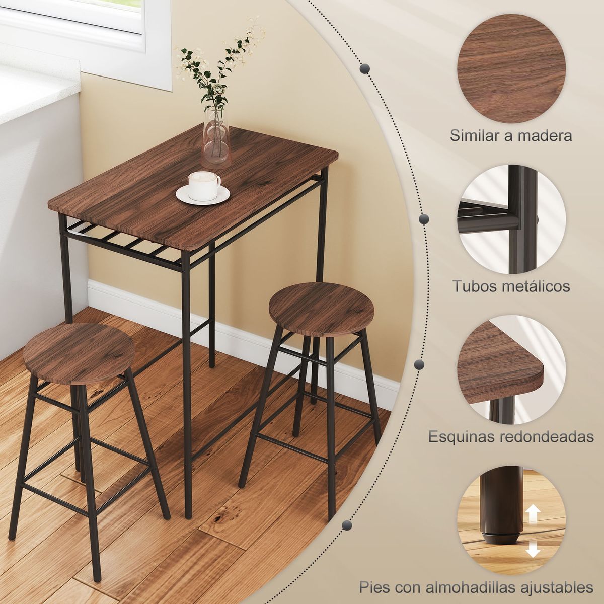 Conjunto-de-cocina-Remo-Homcom-mesa-alta-con-2-taburetes-marron