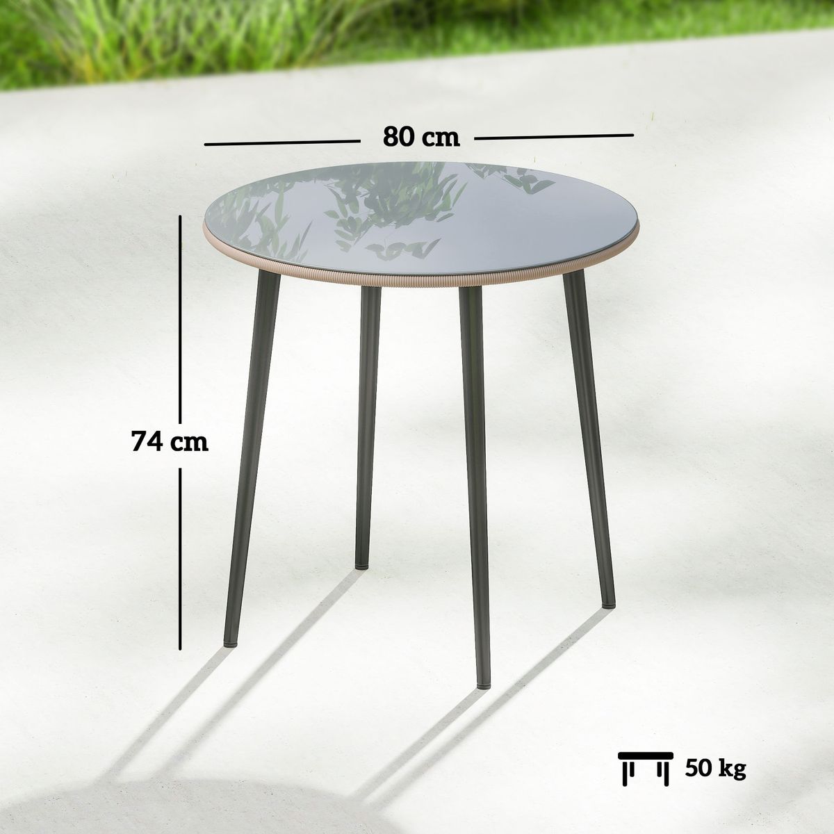 Mesa-de-jardin-Sylara-Outsunny-diseño-redondo-gris-Ø80x74-cm