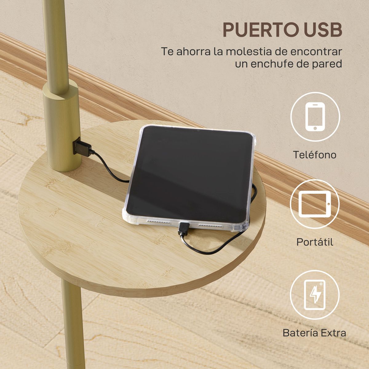 Lampara-de-pie-Tankh-Homcom-con-estante---puerto-USB-dorado