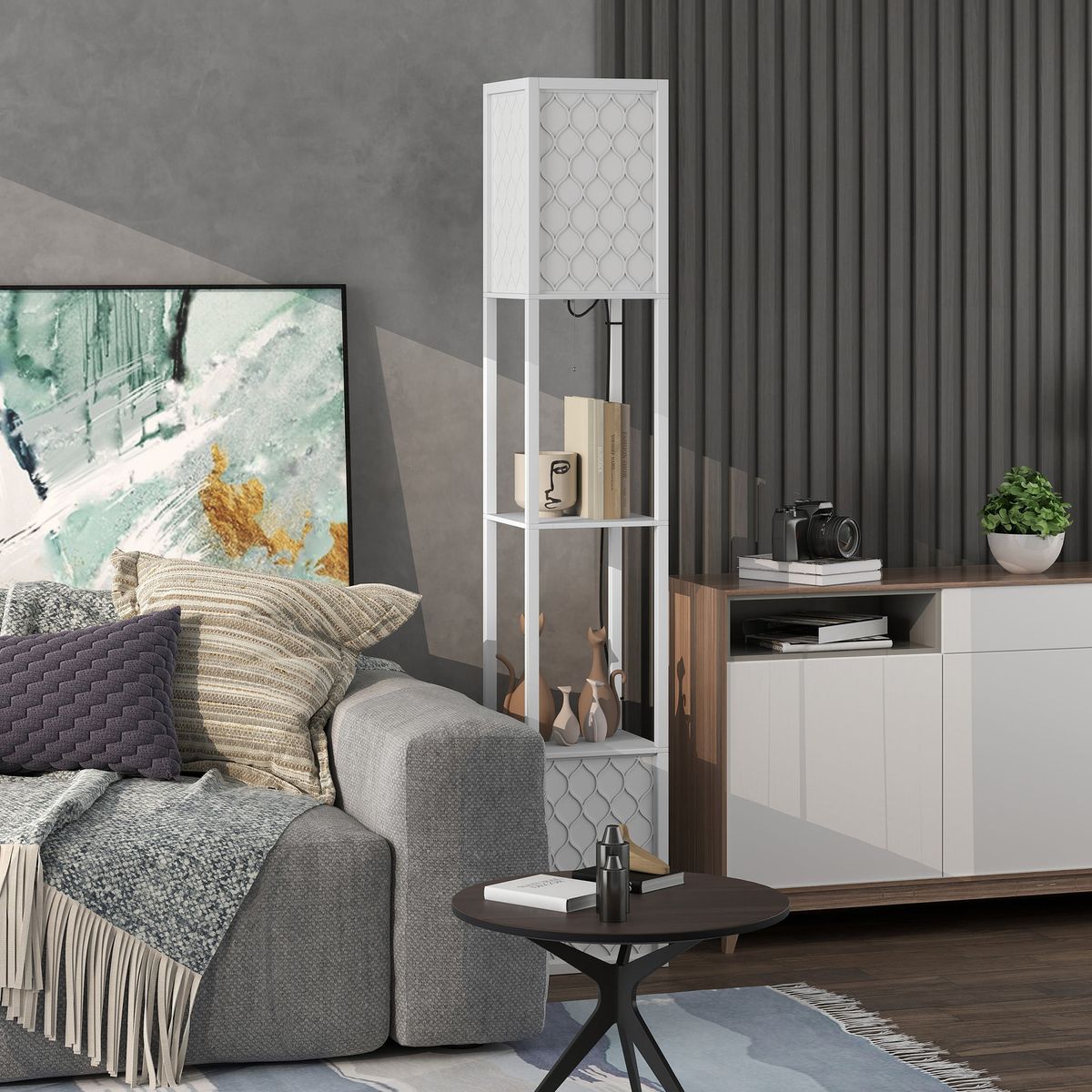 Lampara-de-pie-Ambriel-Homcom-con-estante-blanco-156x26x26-cm