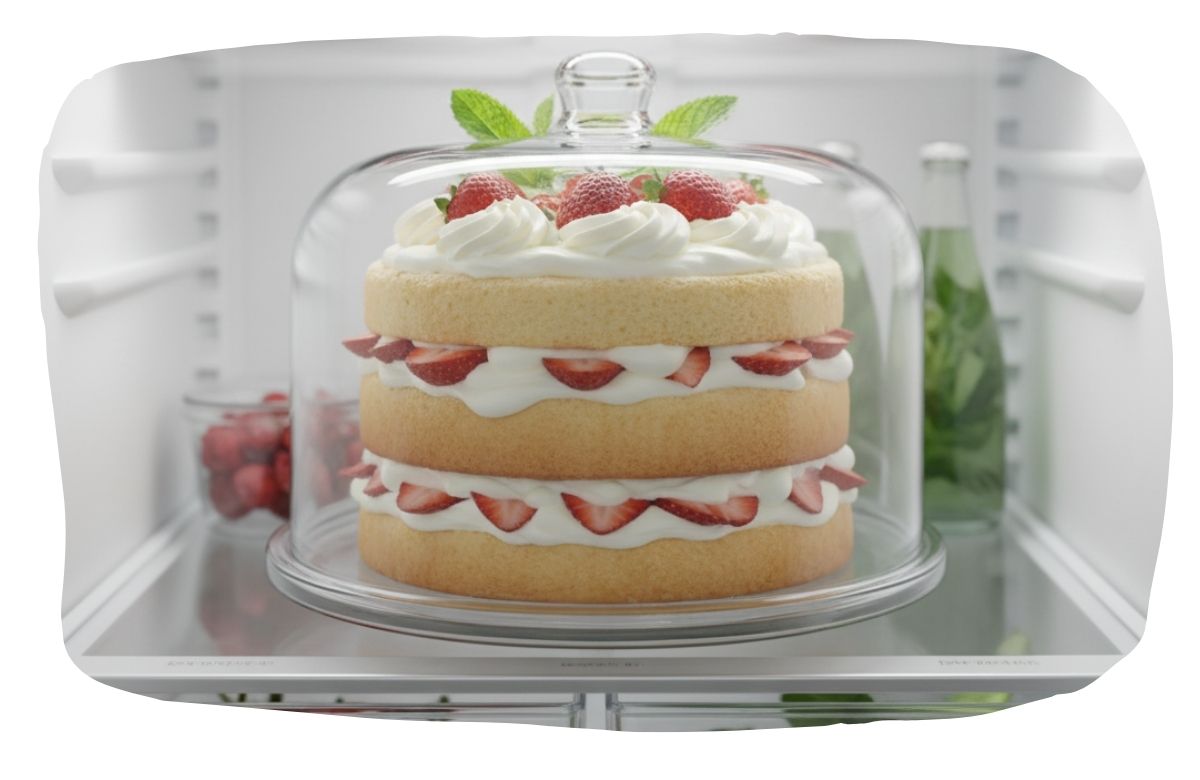 Un pastel de fresas y nata dentro del frigorífico