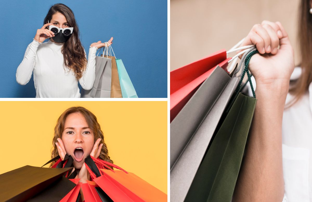 Composición de tres imágenes de mujeres con bolsas de comprar