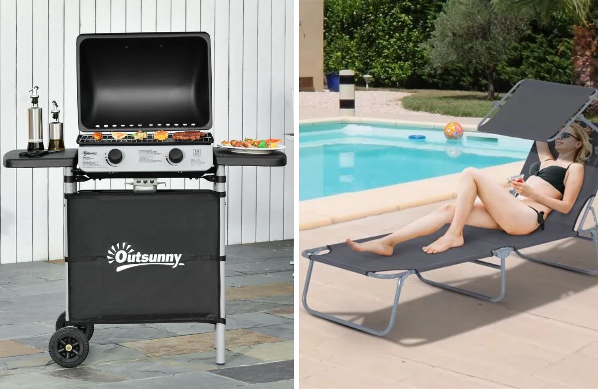 Composición de dos imágenes en las que aparece una barbacoa con comida y una mujer tomando el sol en una tumbona