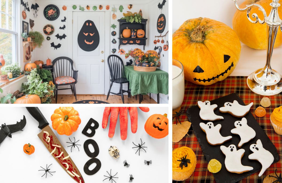 Composición de tres imágenes de decoración del hogar con temática de Halloween