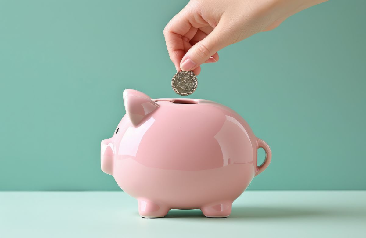 Una hucha cerdito en la que alguien está guardando una moneda