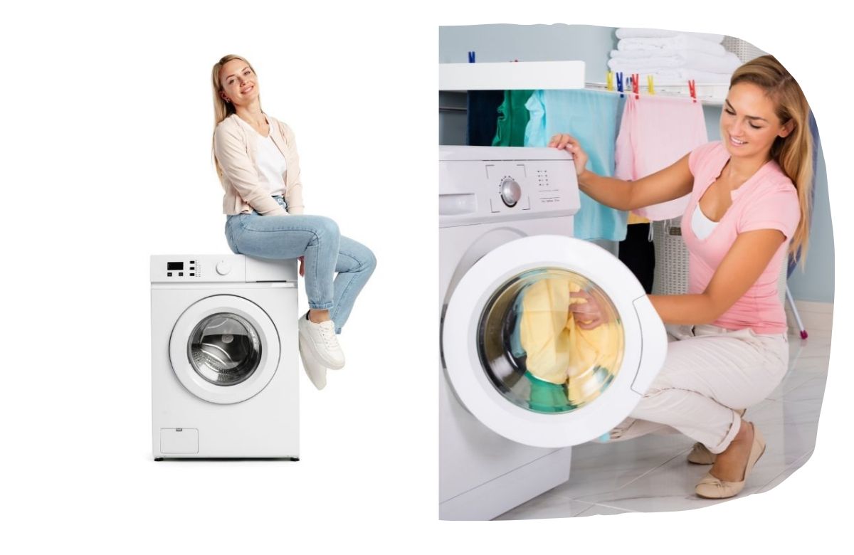 Dos imagenes de mujeres poniendo la lavadora 