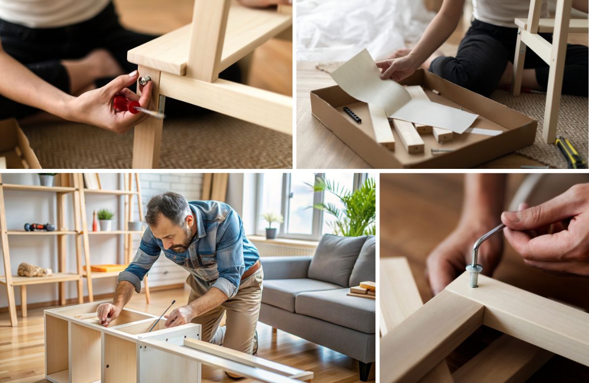 Composición de varias imágenes en la que aparece un hombre montando muebles mientras lee las intrucciones