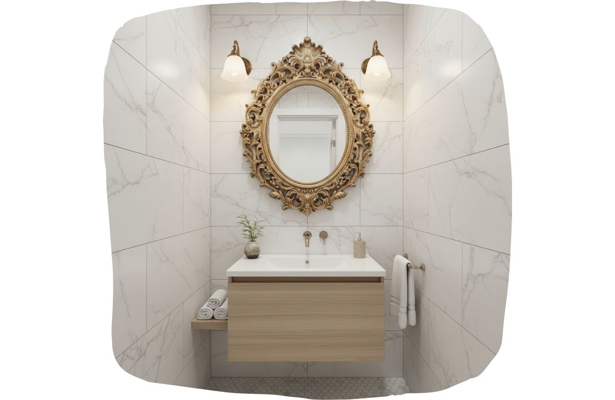 Imagen de un cuarto de baño con las paredes de mármol. El lavabo es de madera con dos cajones y la encimera de color blanco. Hay un espejo dorado de estilo vintage y dos apliques de pared dorados y blancos