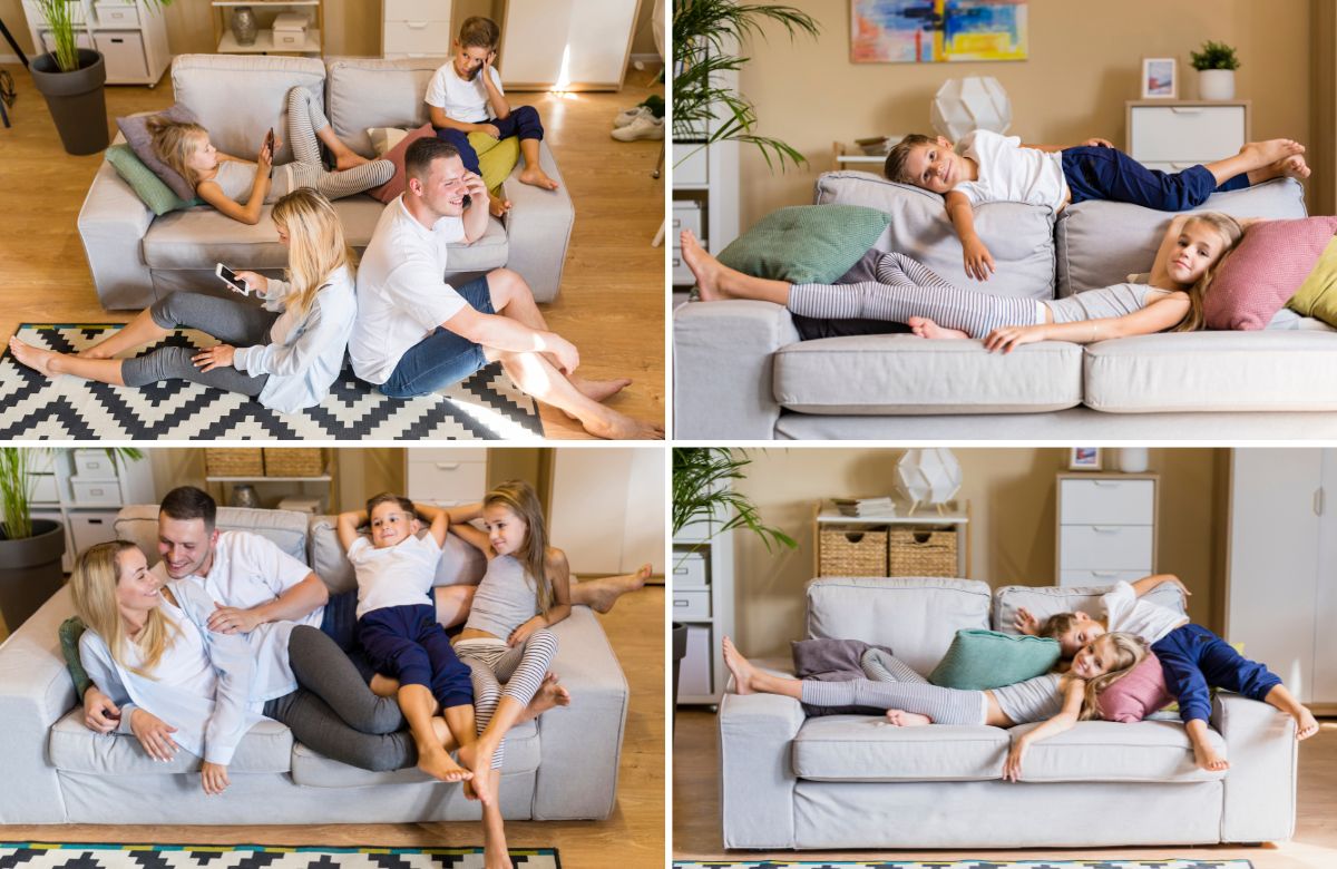 Composición de 4 imágenes de una familia en el sofá