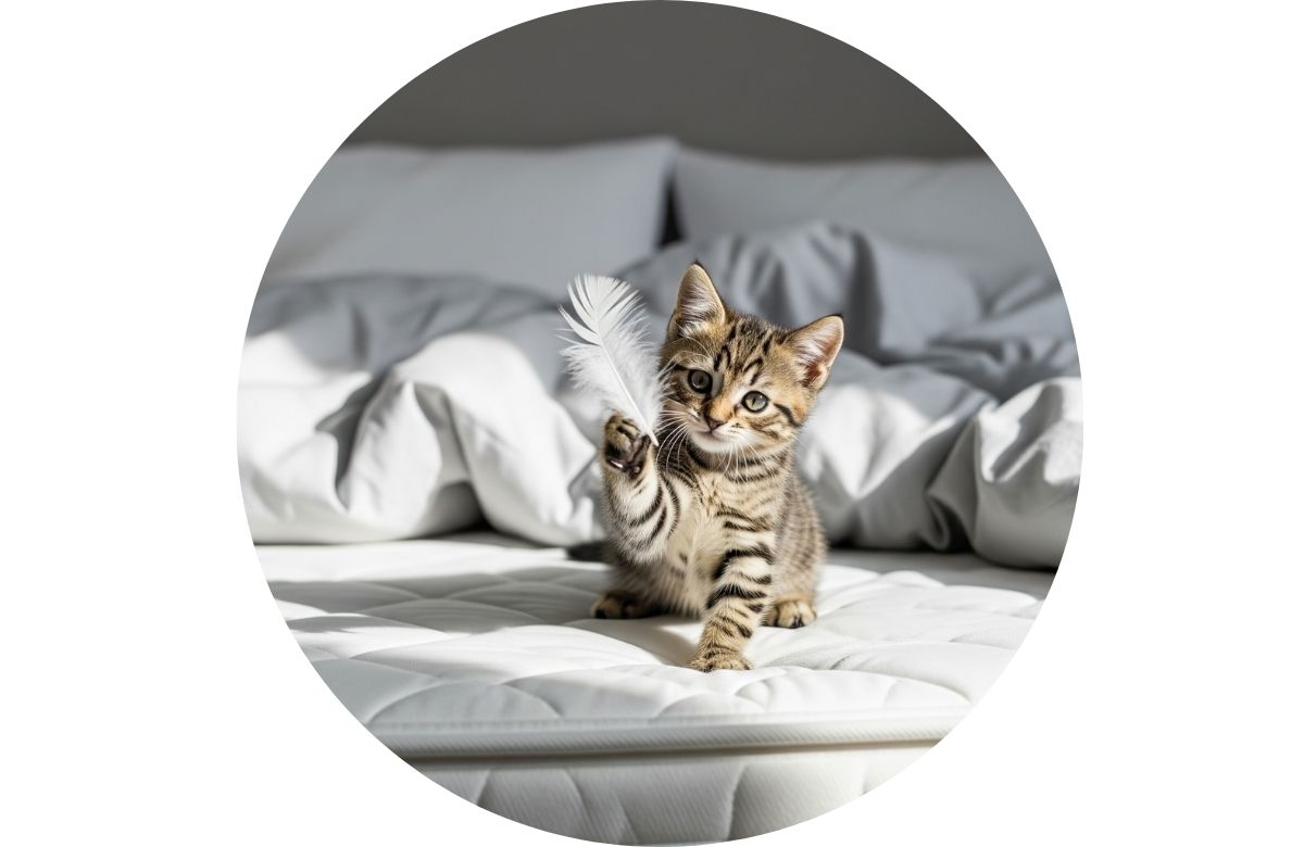 Imagen de un gato cachorro jugando con una pluma encima de un colchón