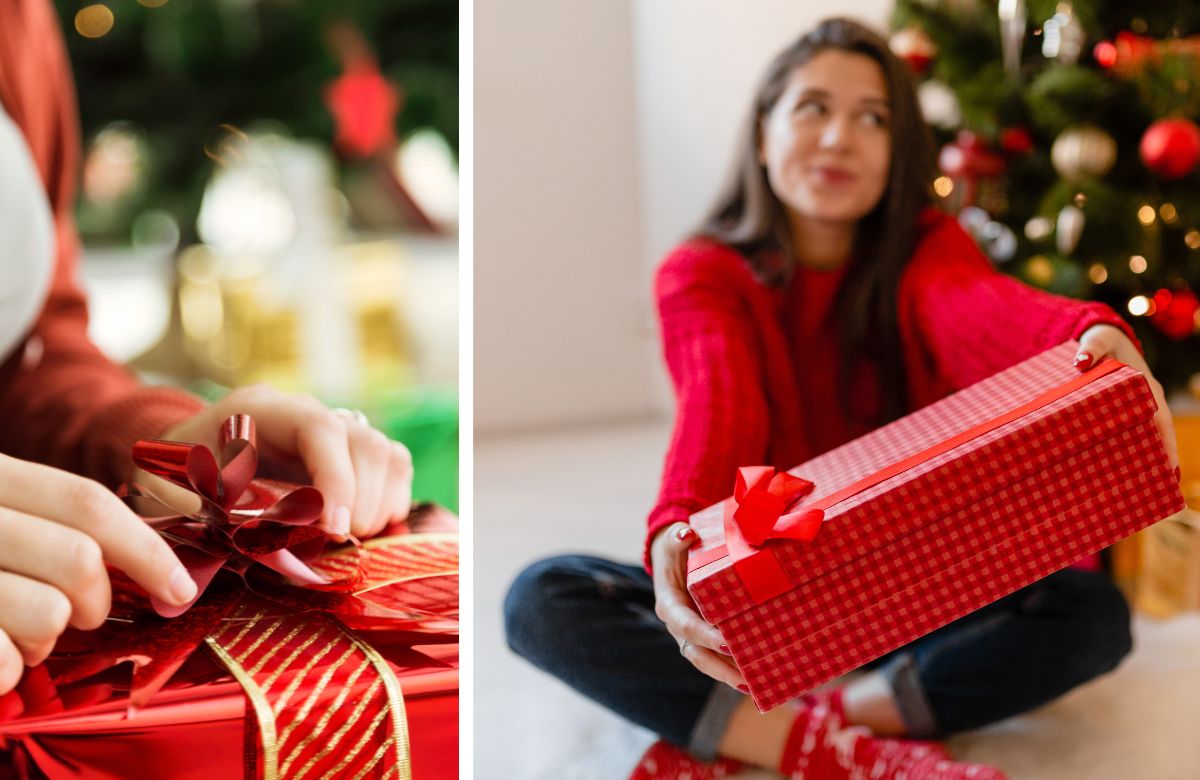 Dos imágenes de una mujer ofreciendo un regalo de navidad delante del árbol y abriéndolo