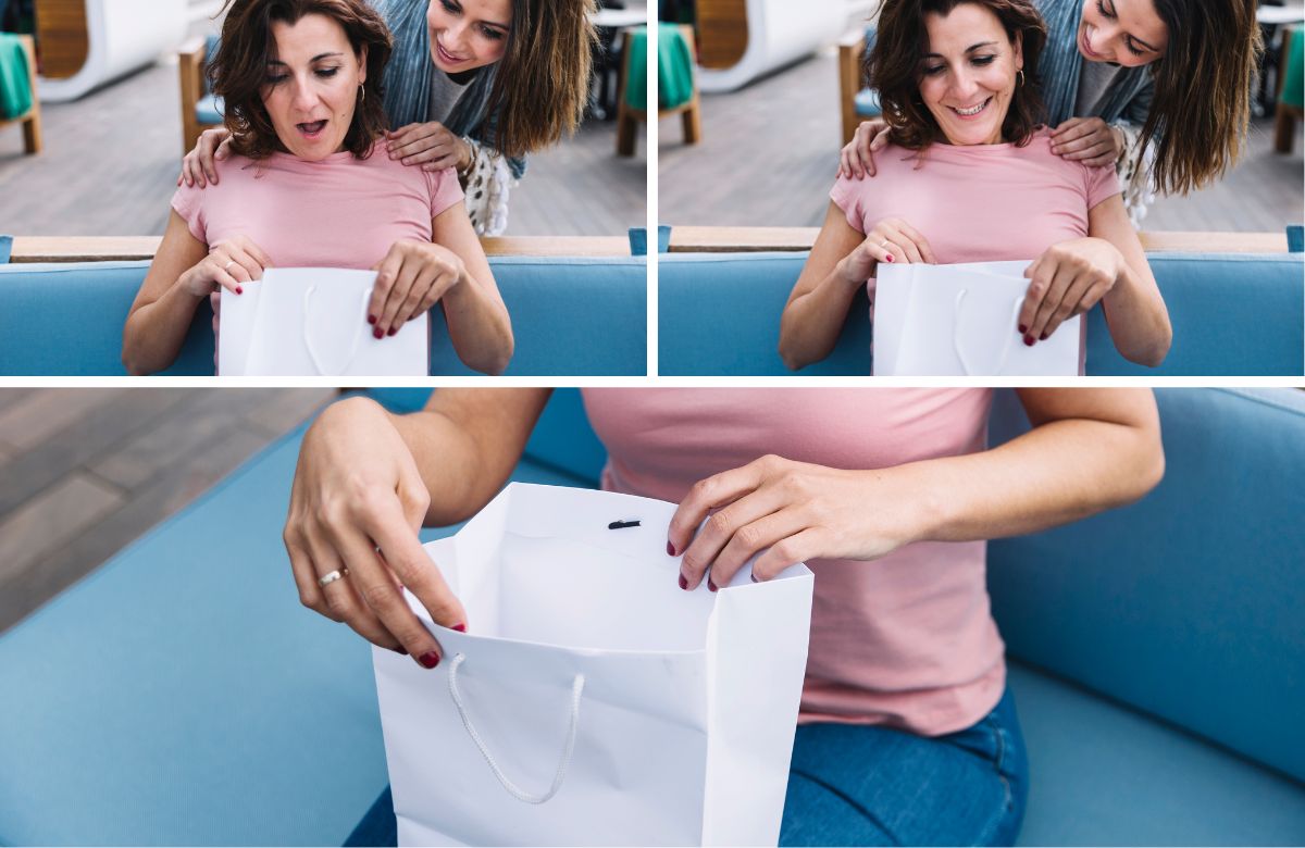 Composición de tres imágenes de una mujer recibiendo una bolsa blaca de regalo