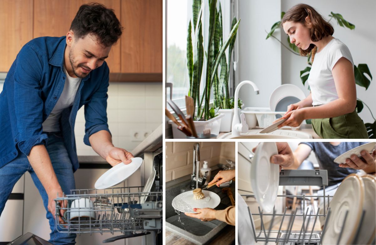 Composición de varias imágenes en las que aparece gente fregando los platos o cargando el lavavajillas