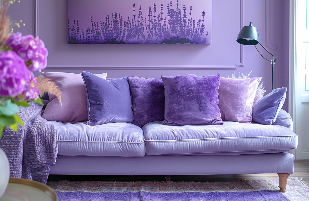 Un sofá morado en un salón de los mismos tonos, junto a una lámpara grisácea y un ramo de flores