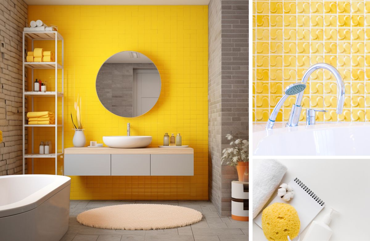 Imagen de embargosalobestia. Composición imágenes de baños con elementos de color amarillo.