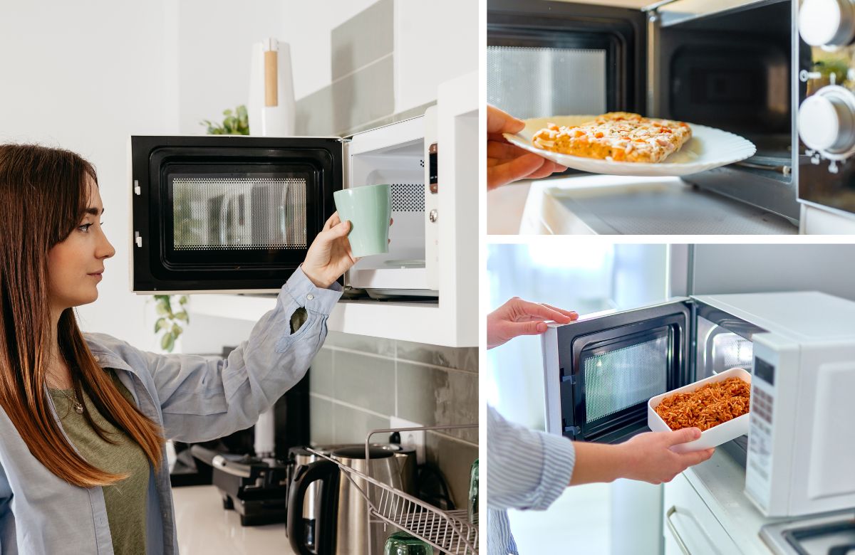 Composición de tres imágenes de comida en el microondas