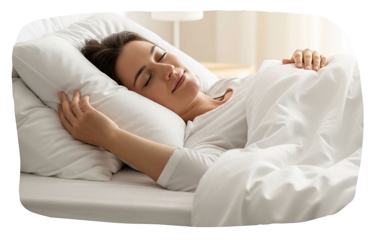 Mujer durmiendo plácidamente en una cama con sábanas blancas
